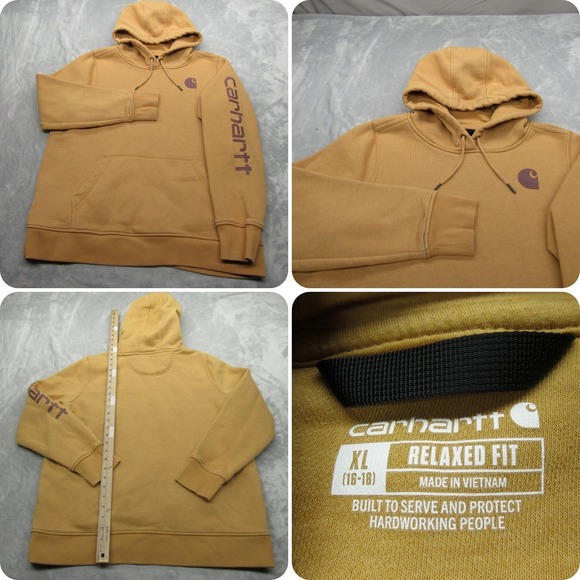 Carhartt Hoodie Mens XL Yellow/Tan Relaxed Fit Heavyweight Logo Sleeve Graphic - Picture 1 of 12